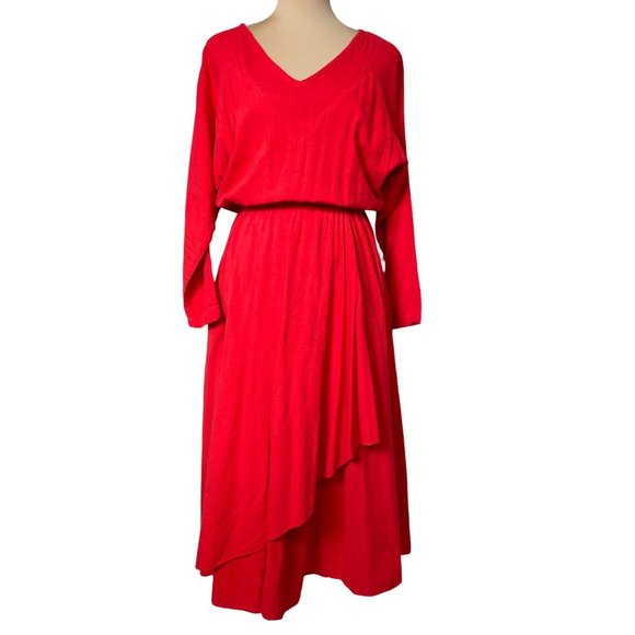 Hari Casuals Dresses & Skirts - 80s Vintage Hari Casuals Red 100% Cotton Long Sleeve Layered Skirt Midi Dress M
